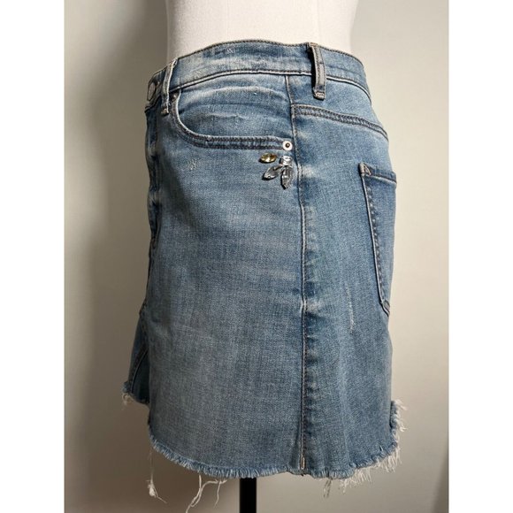 EXPRESS Bedazzled Gemstone Jean Mini Skirt Distressed Raw Hem Medium Light Sz 4 - Picture 16 of 16